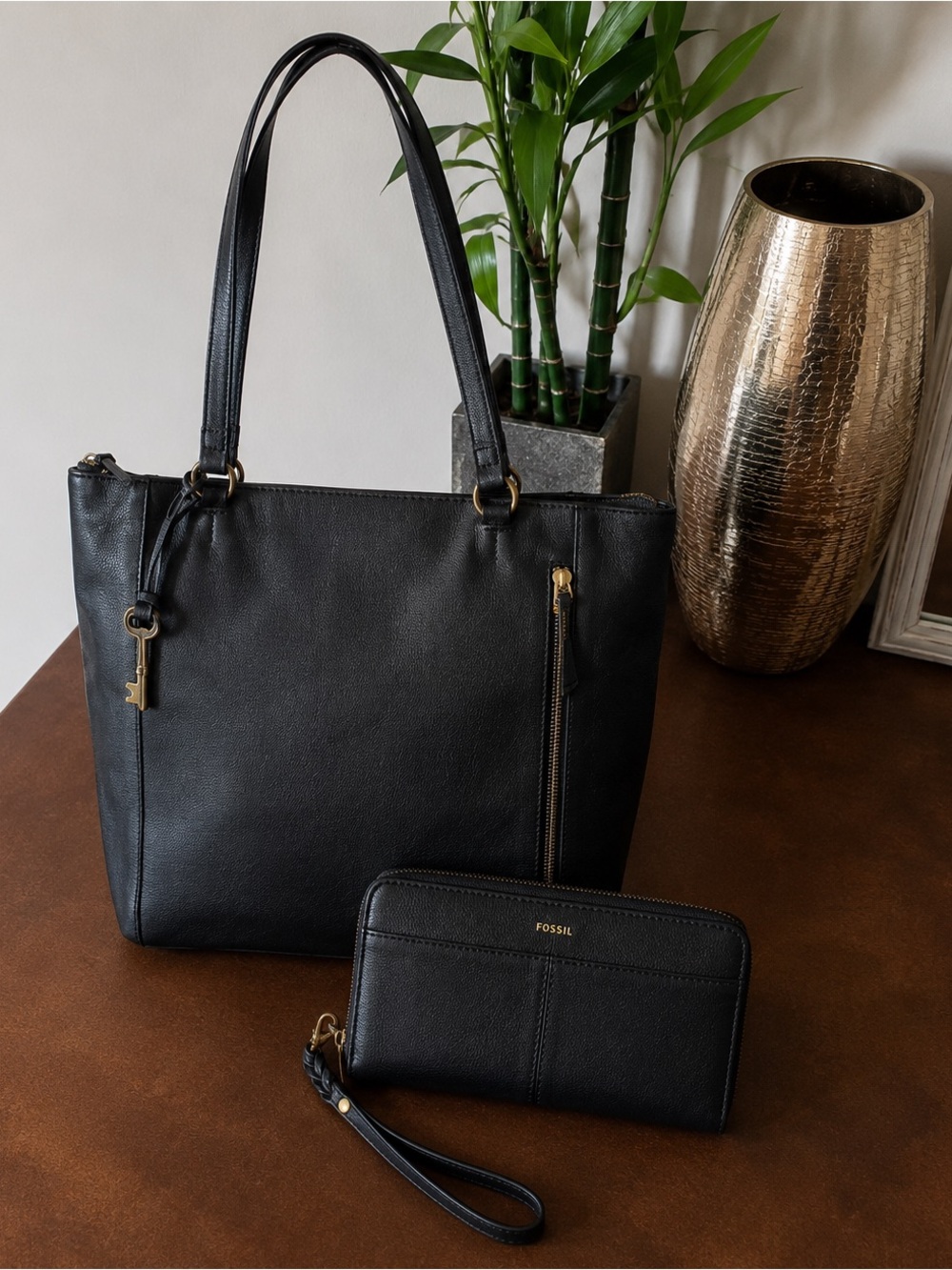 Fossil Black Leather Shoulder Tote with Matching Wallet